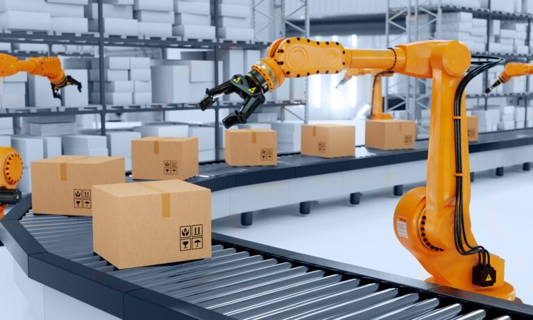Industrial robot arm grabbing the cardboard box on roller conveyor rack with storage warehouse background. Technology and artificial intelligence innovation concept